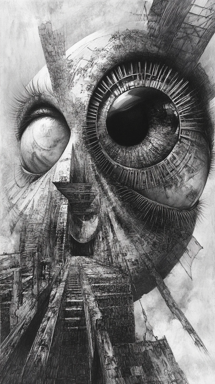 Surreal clockwork eyes in bold charcoal abstract drawing