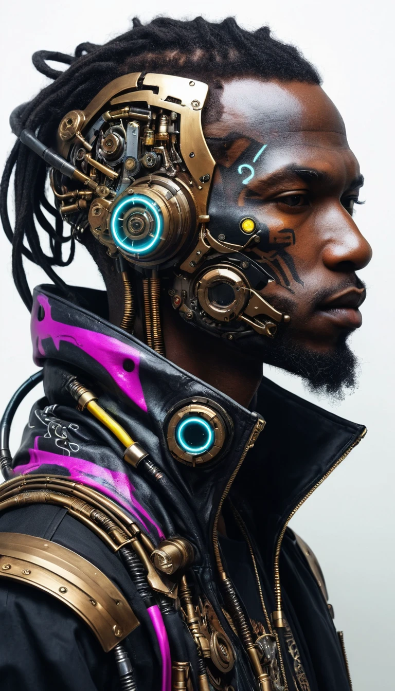 Retrato neón cyberpunk de un rostro dual humano y robótico