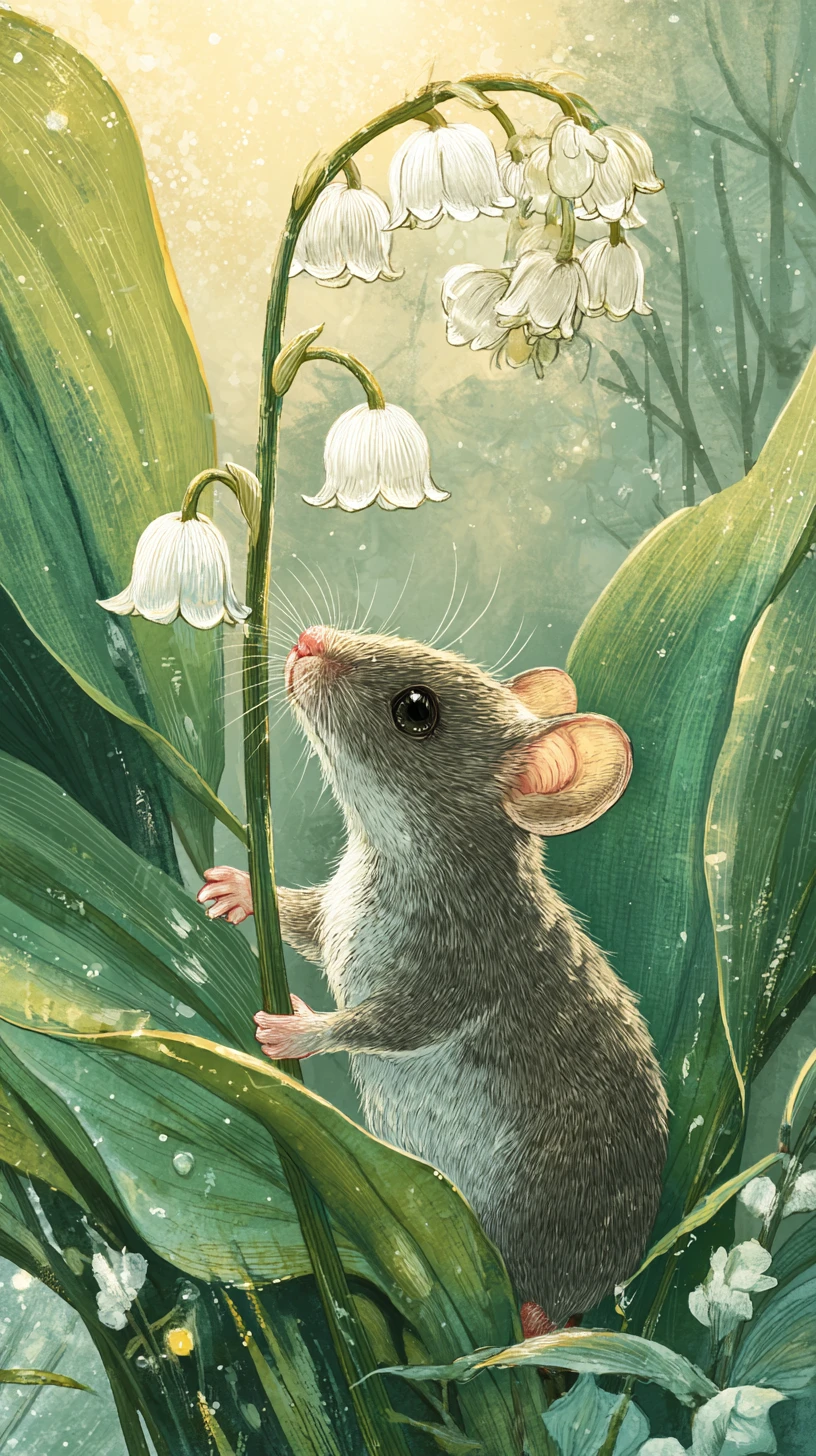 Cute mouse with lily of the valley in sunny meadow