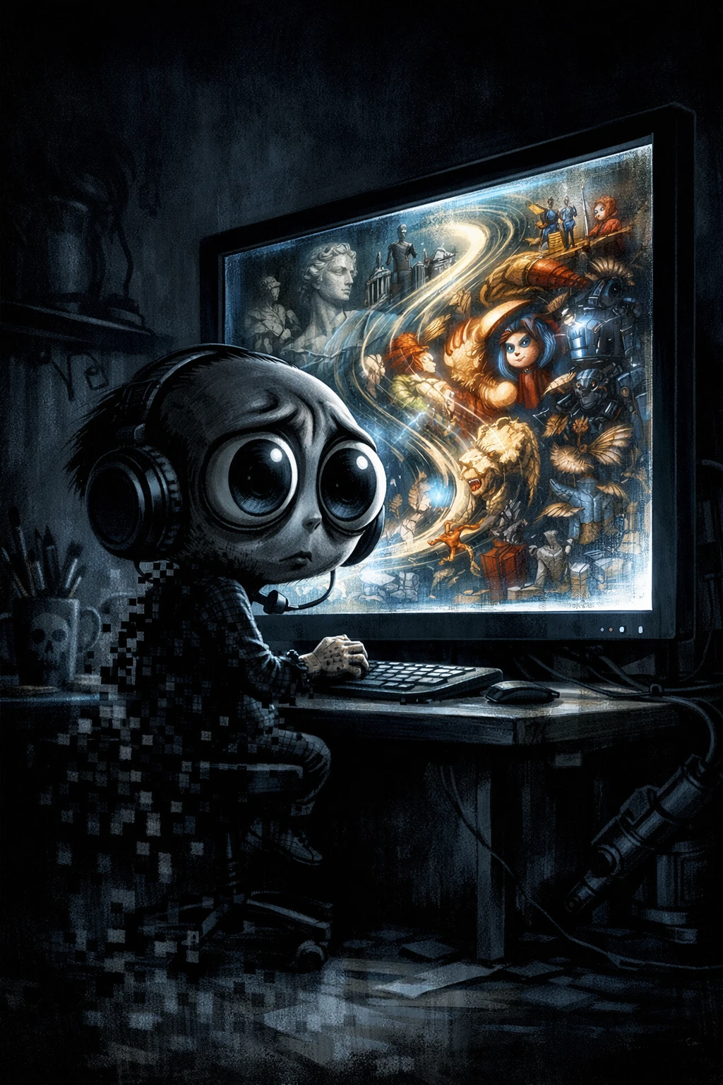 Anxious digital artist staring into a glowing monitor collage