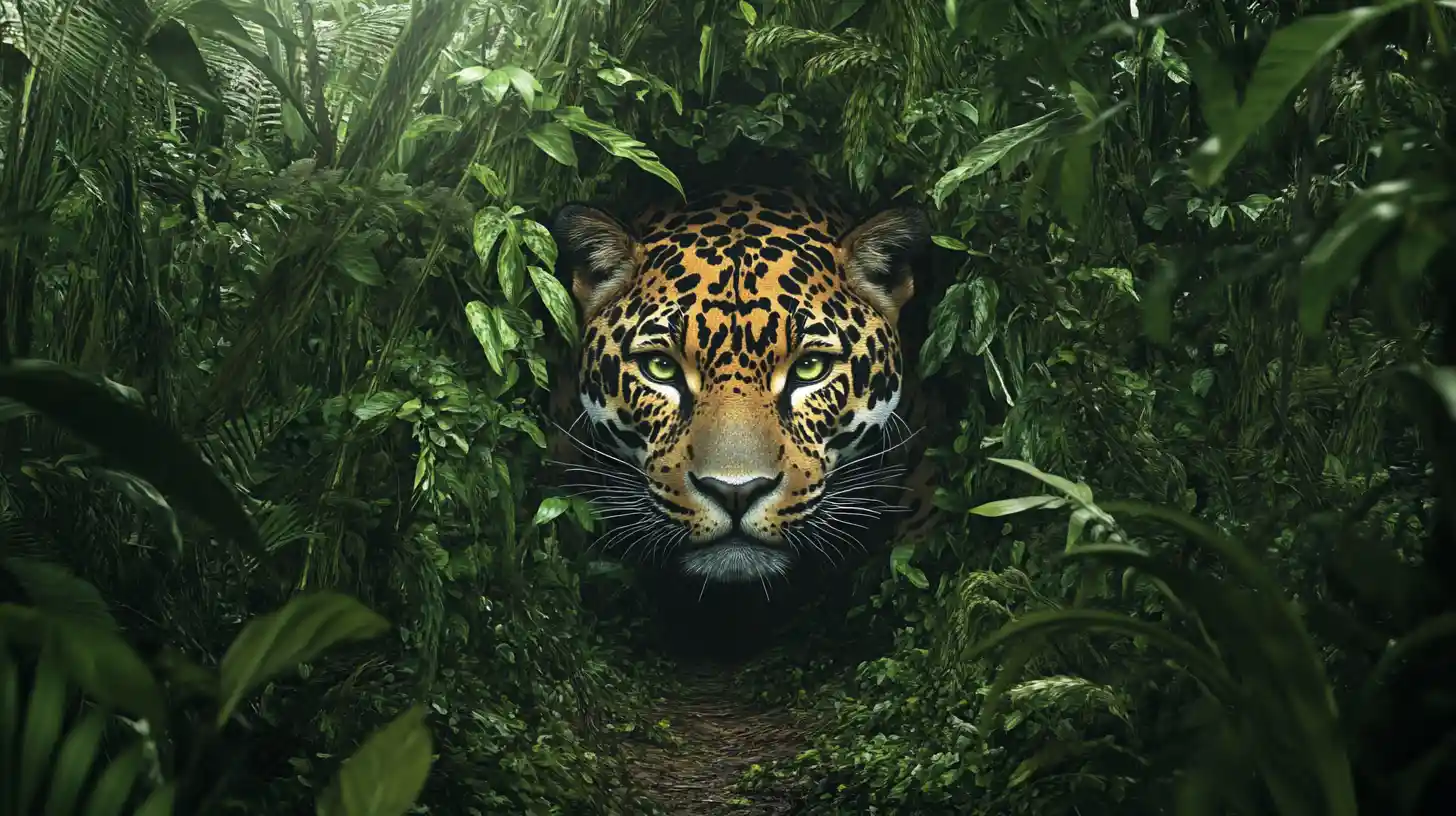 Jaguar Waiting To Strike On A Trail In Dense Jungle