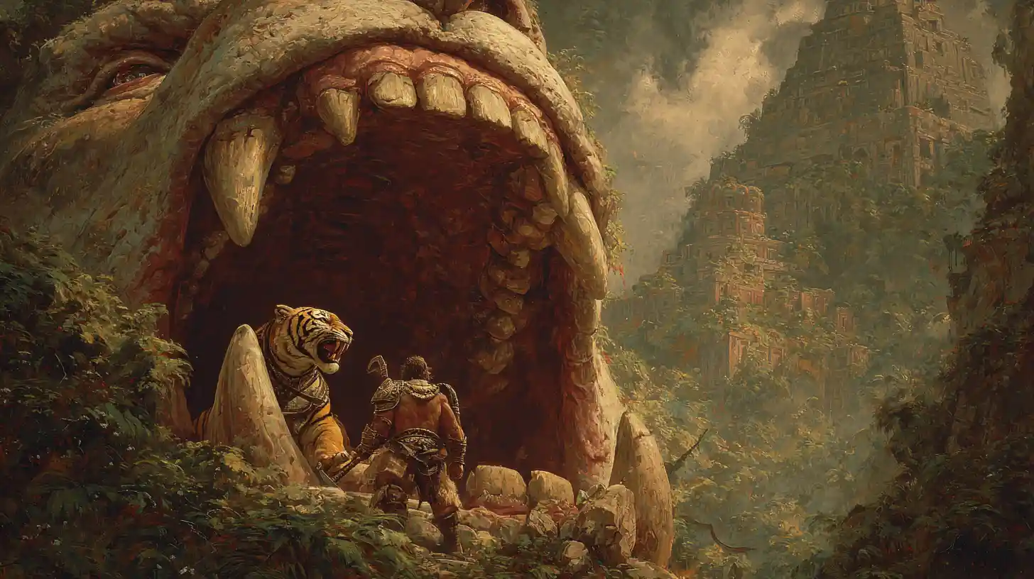 Gargantuan monster mouth framing a jungle warrior scene