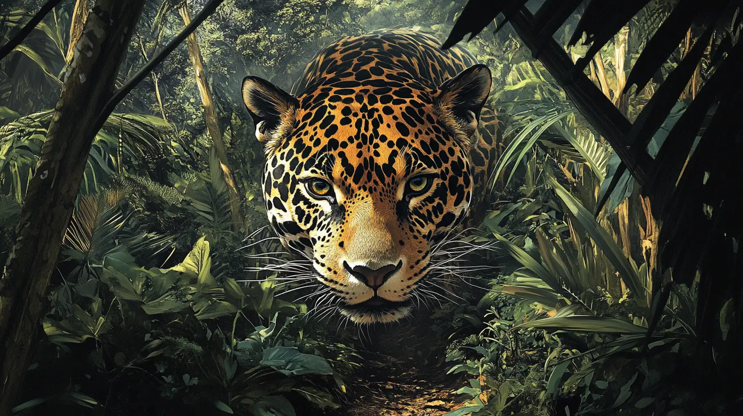 Jaguar lurking beside a narrow trail in dense jungle
