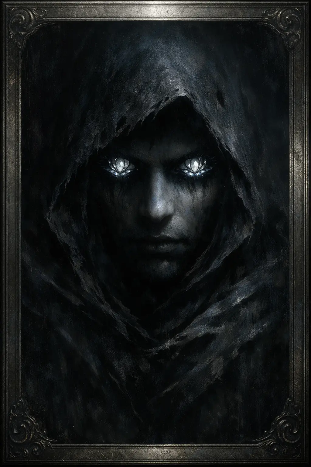 Dark fantasy portrait of a woman emerging from shadow