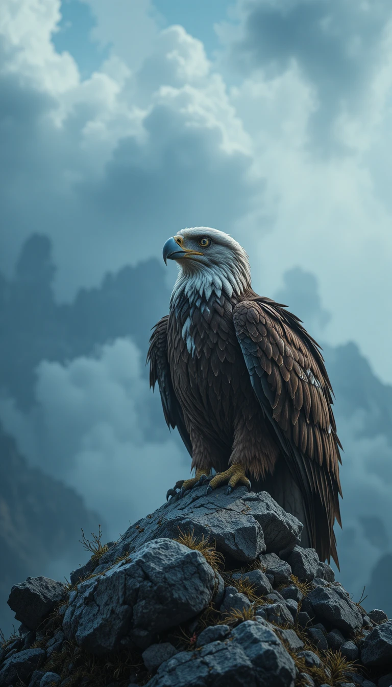 Majestuosa águila vieja en un solitario pico rocoso de montaña