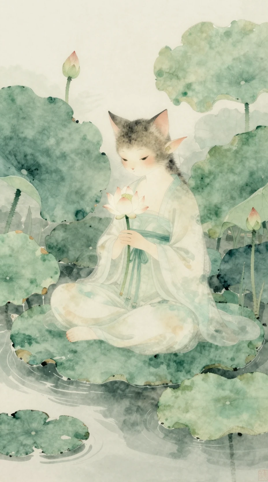 寧靜池塘中蓮葉間的空靈幻想貓