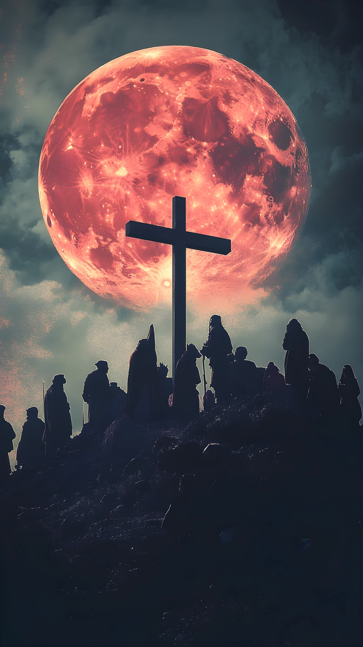 Gesù che porta la croce sotto un minaccioso luna rossa