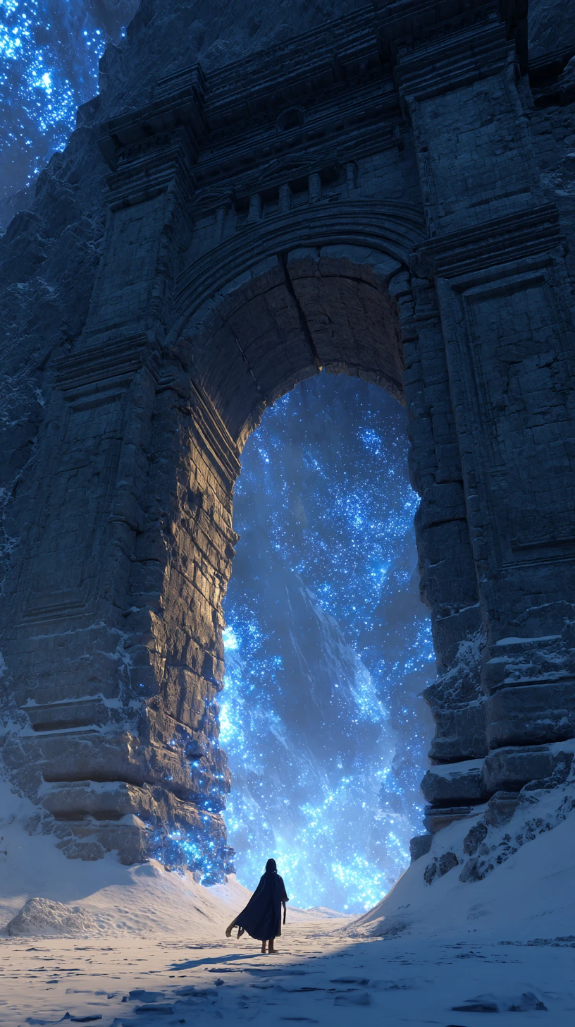Lone cloaked wanderer before an ancient mountain gate
