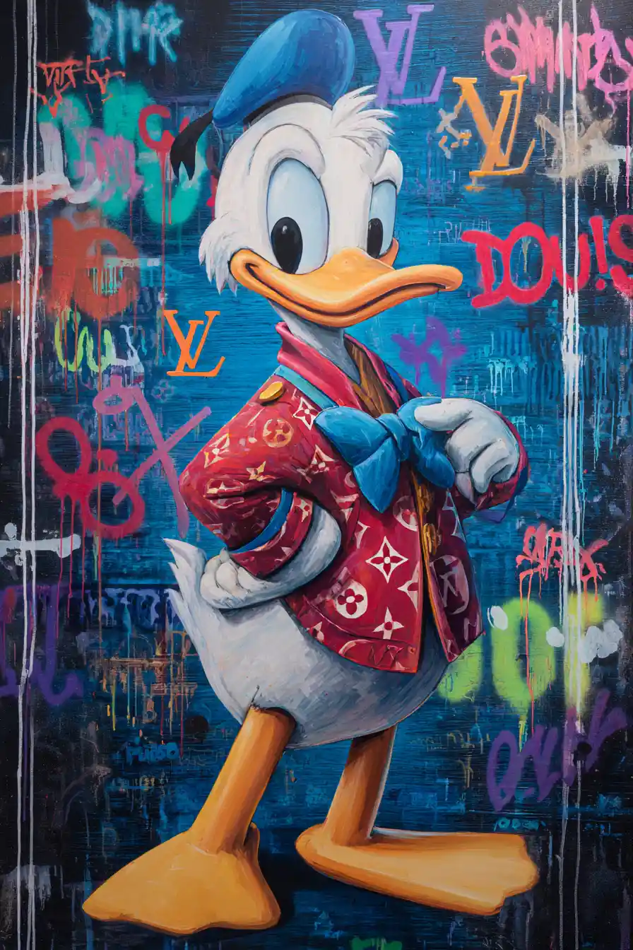 Pato de desenho pop art em parede de grafite com corações