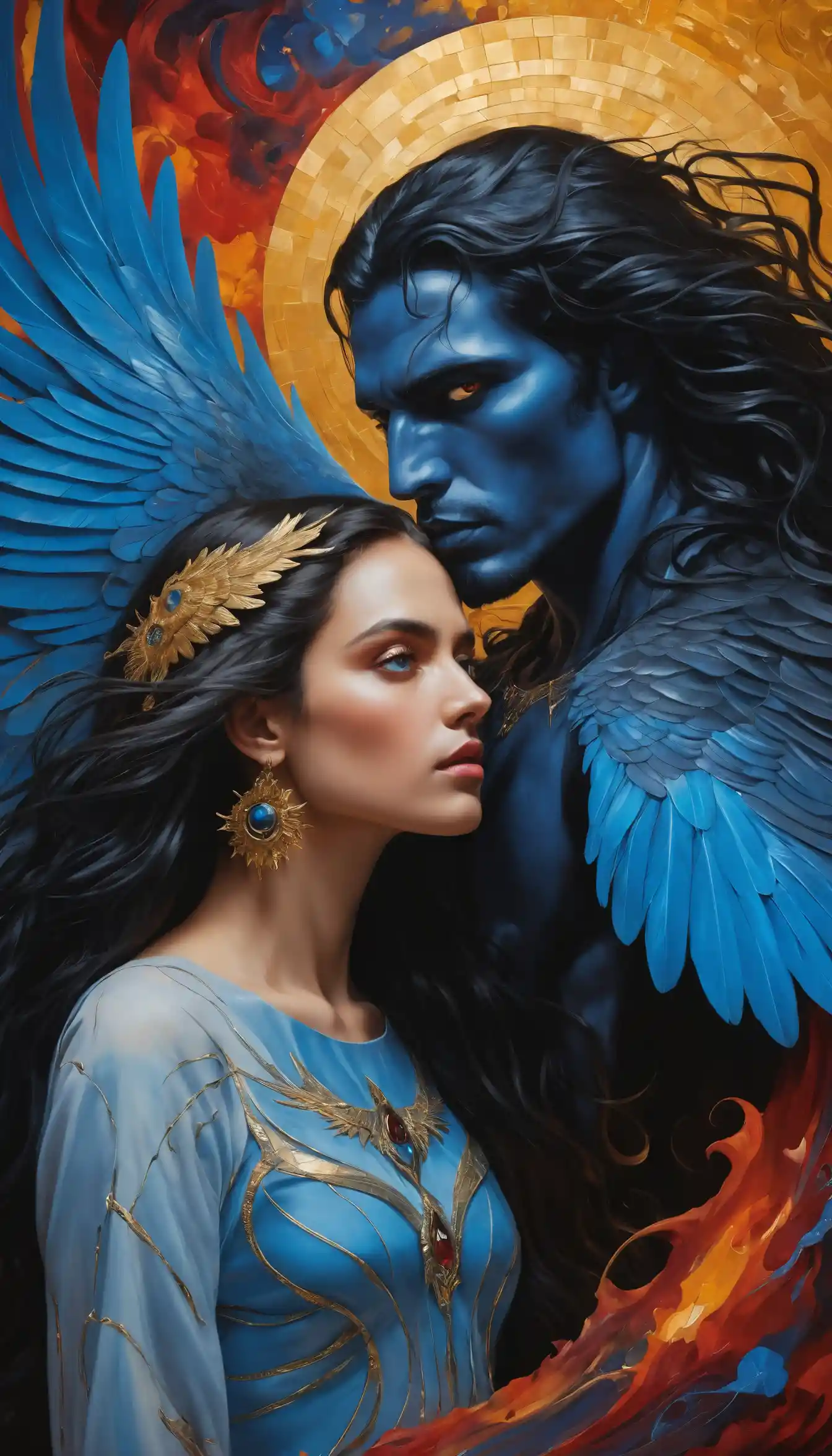Angelic beings collide in a surreal cosmic sky