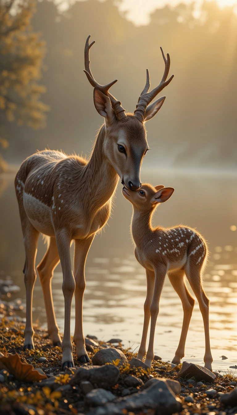 Mother deer nuzzling fawn by a calm riverside