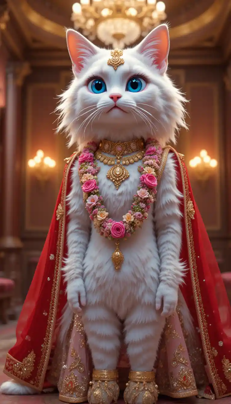 Personaje de gata novia blanca en un lujoso salón de bodas