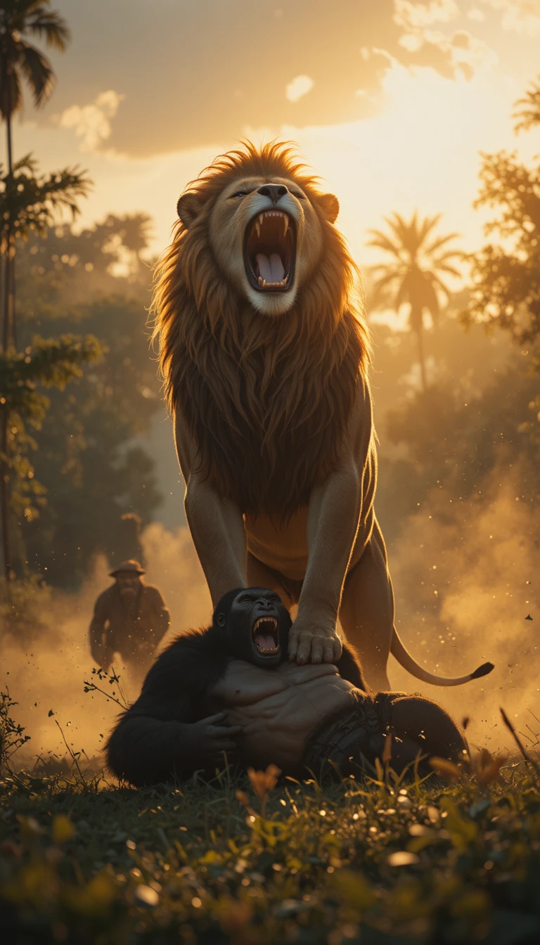 León majestuoso rugiendo sobre un gorila caído al atardecer