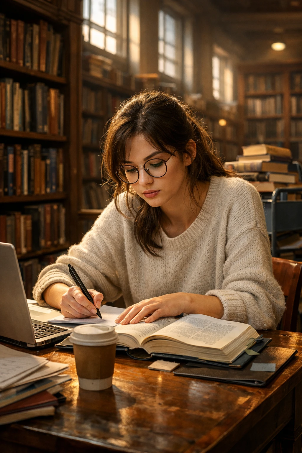 Joven estudiando en un escritorio de madera en una biblioteca silenciosa