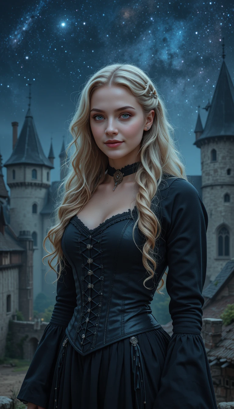 Young woman with knife on a starlit castle rooftop