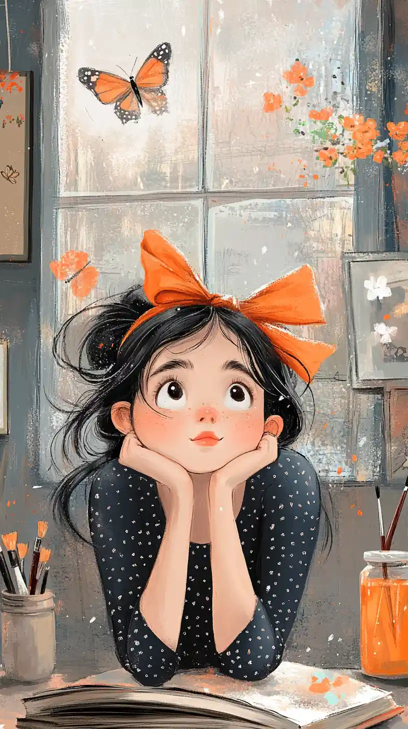 Dreamy young girl with orange bow in cozy art room