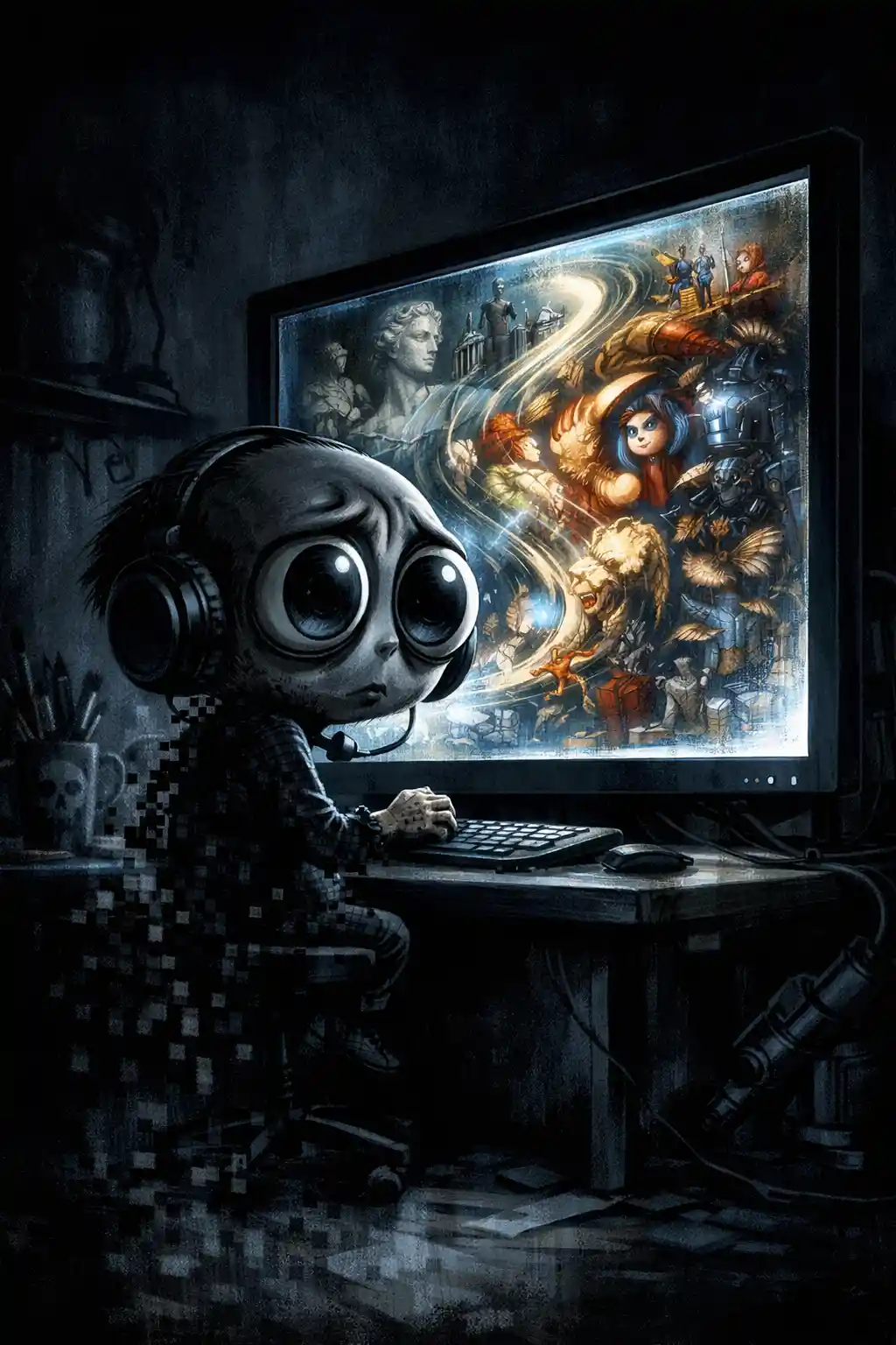 Anxious digital artist staring into a glowing monitor collage