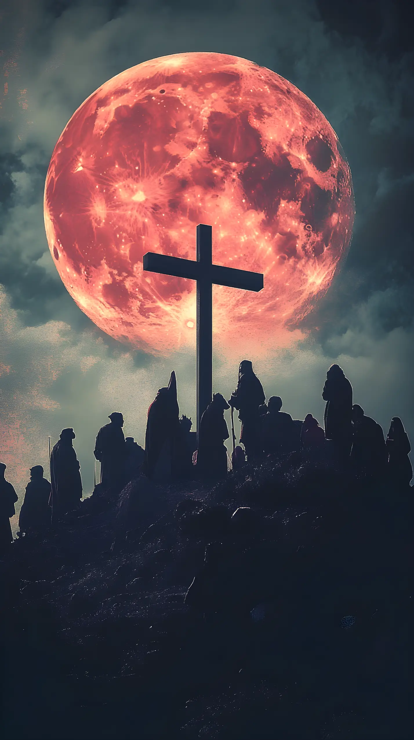 Jesus trägt das Kreuz unter einem bedrohlichen Blutmond