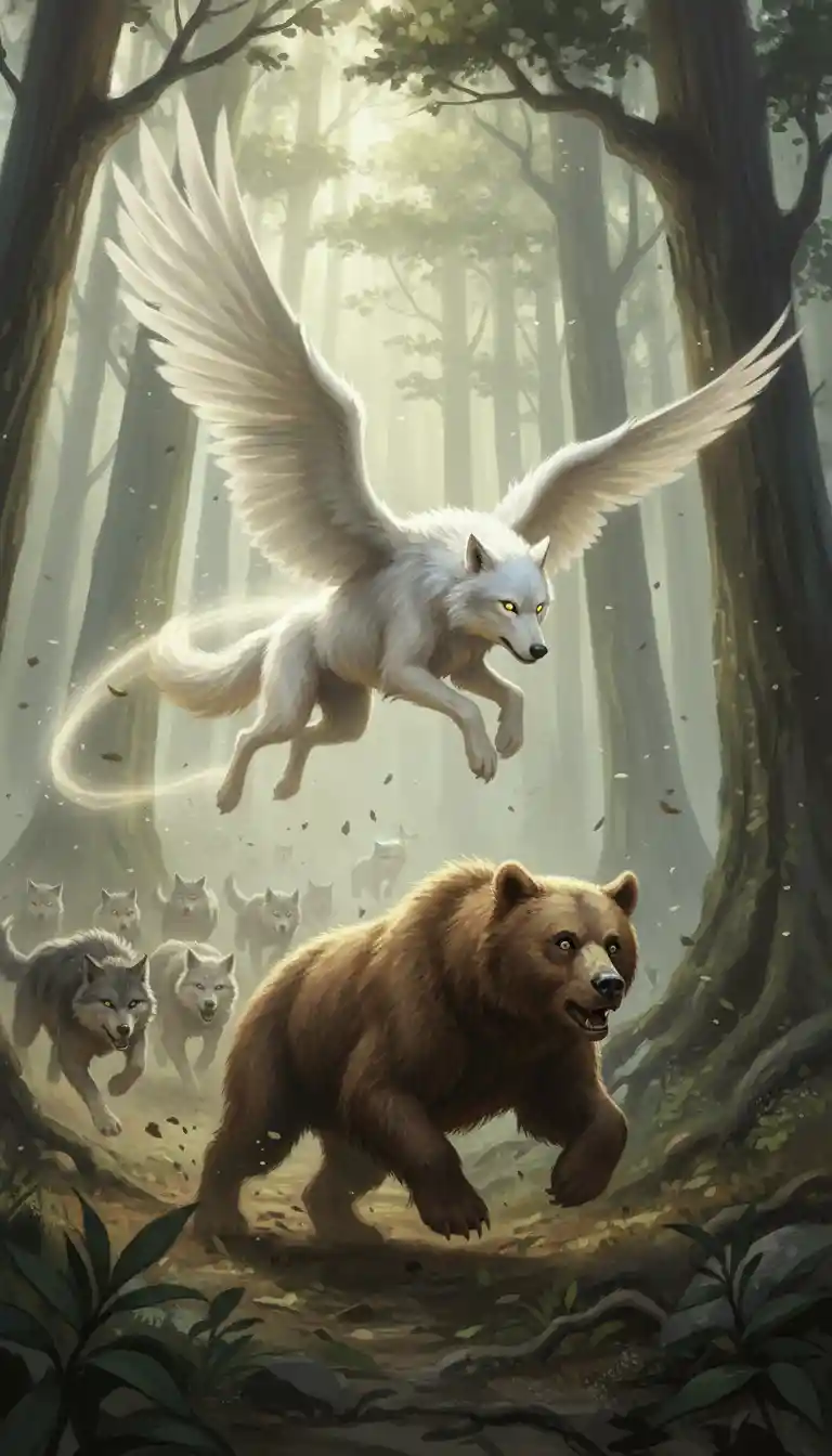 Winged white wolf chasing a fleeing bear in forest