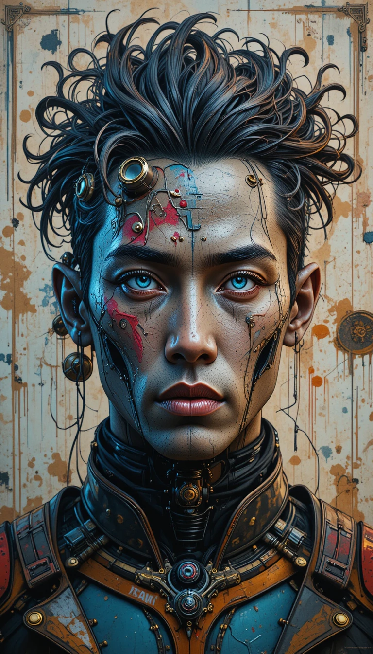 Neon-Cyberpunk-Porträt eines halb menschlichen, halb robotischen Mannes