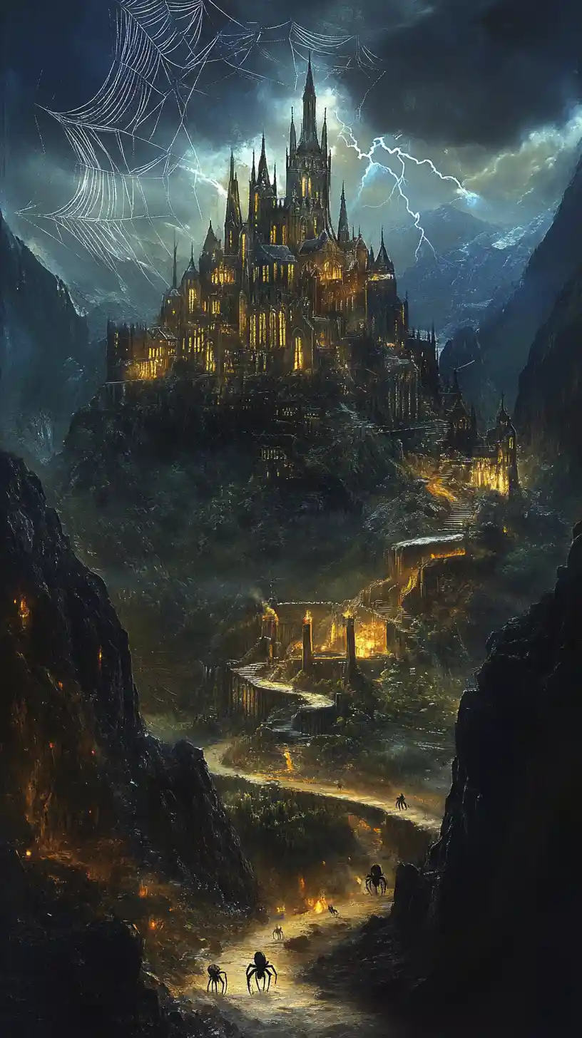 Gothic mountain castle lit by lightning in stormy night