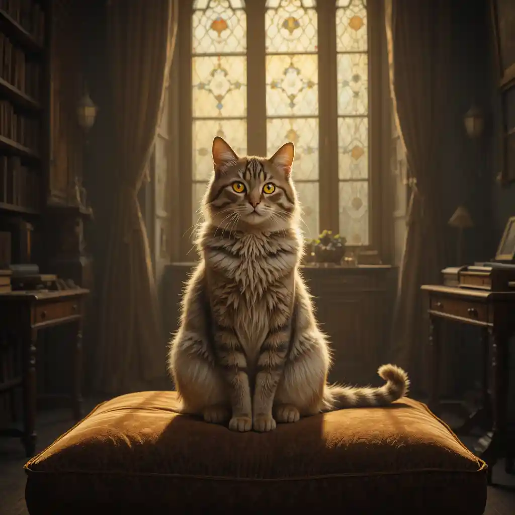 Majestätische Katze auf Samtkissen in einem viktorianischen Salon