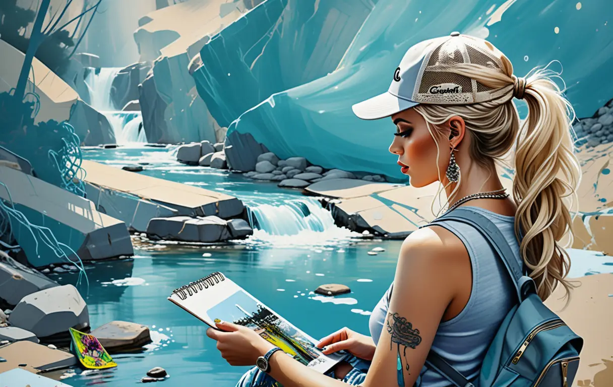 Blonde woman sketching by a quiet forest creek