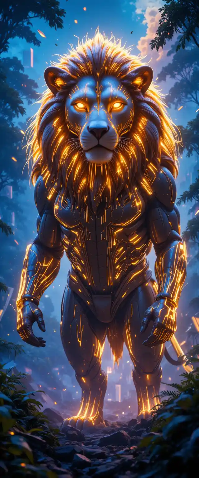 Majestic cyber lion in a glowing futuristic jungle