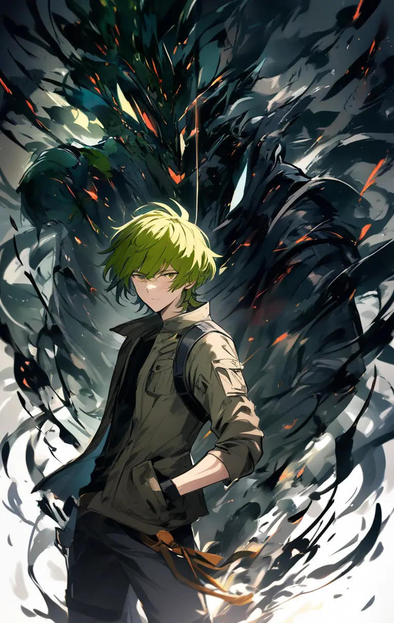 Determined teen warrior facing darkness and distant light