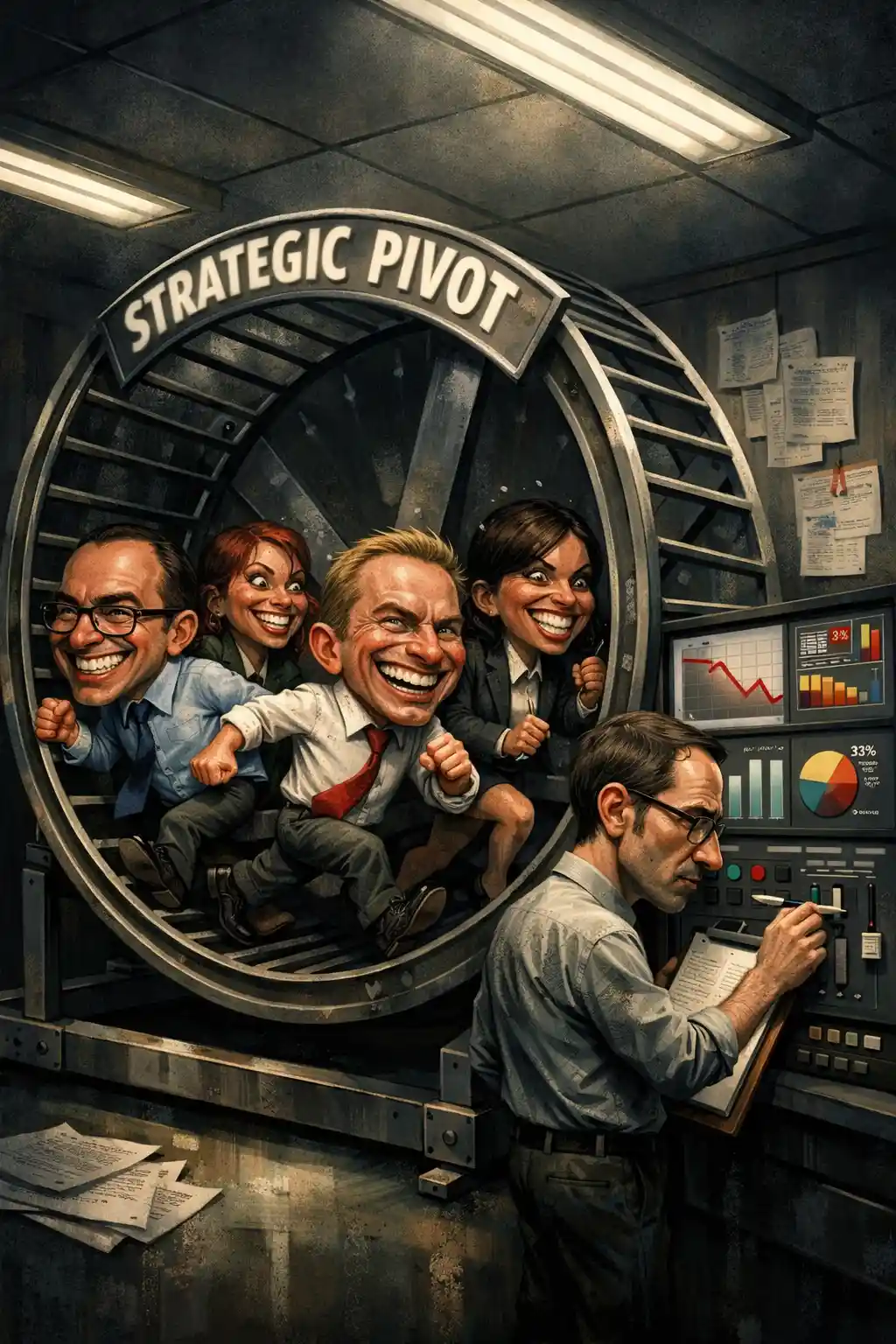 Satirical office team running in a giant hamster wheel