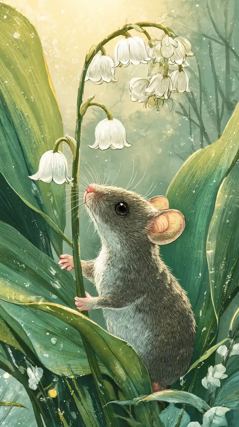 Süße Maus mit Maiglöckchen auf sonniger Wiese