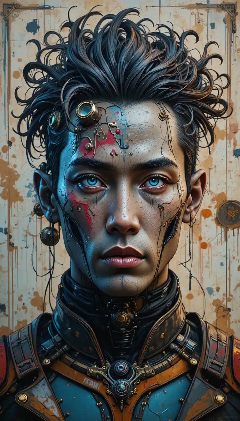 Neon cyberpunk portrait of a half human half robotic man