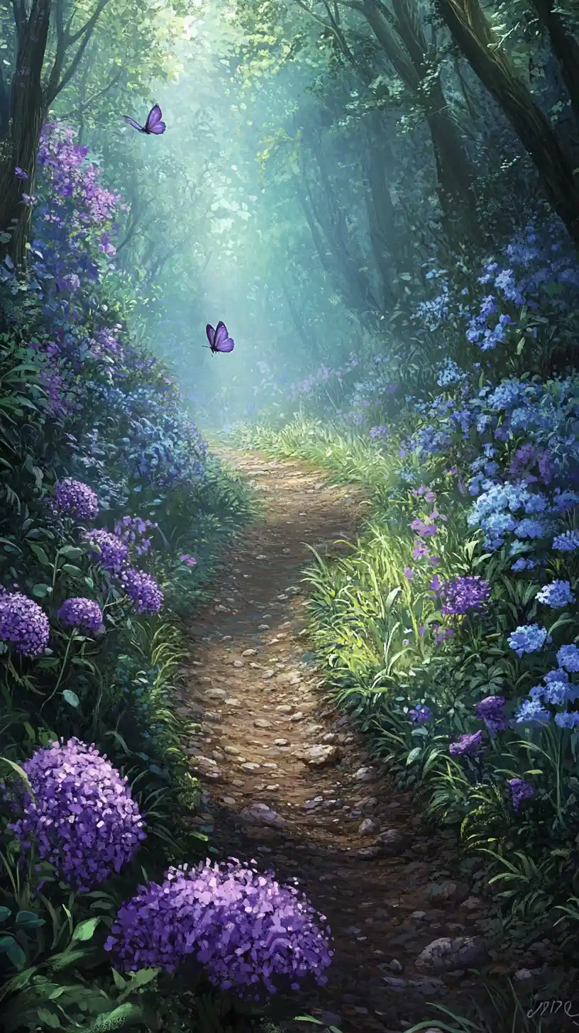 Fairy tale forest path with purple flowers and butterflies