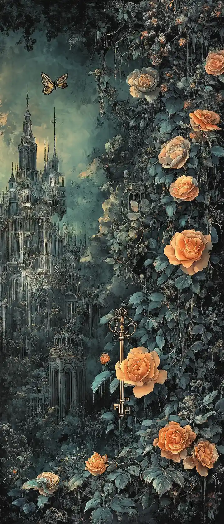 Fantasy city beside cascading roses with hidden golden key
