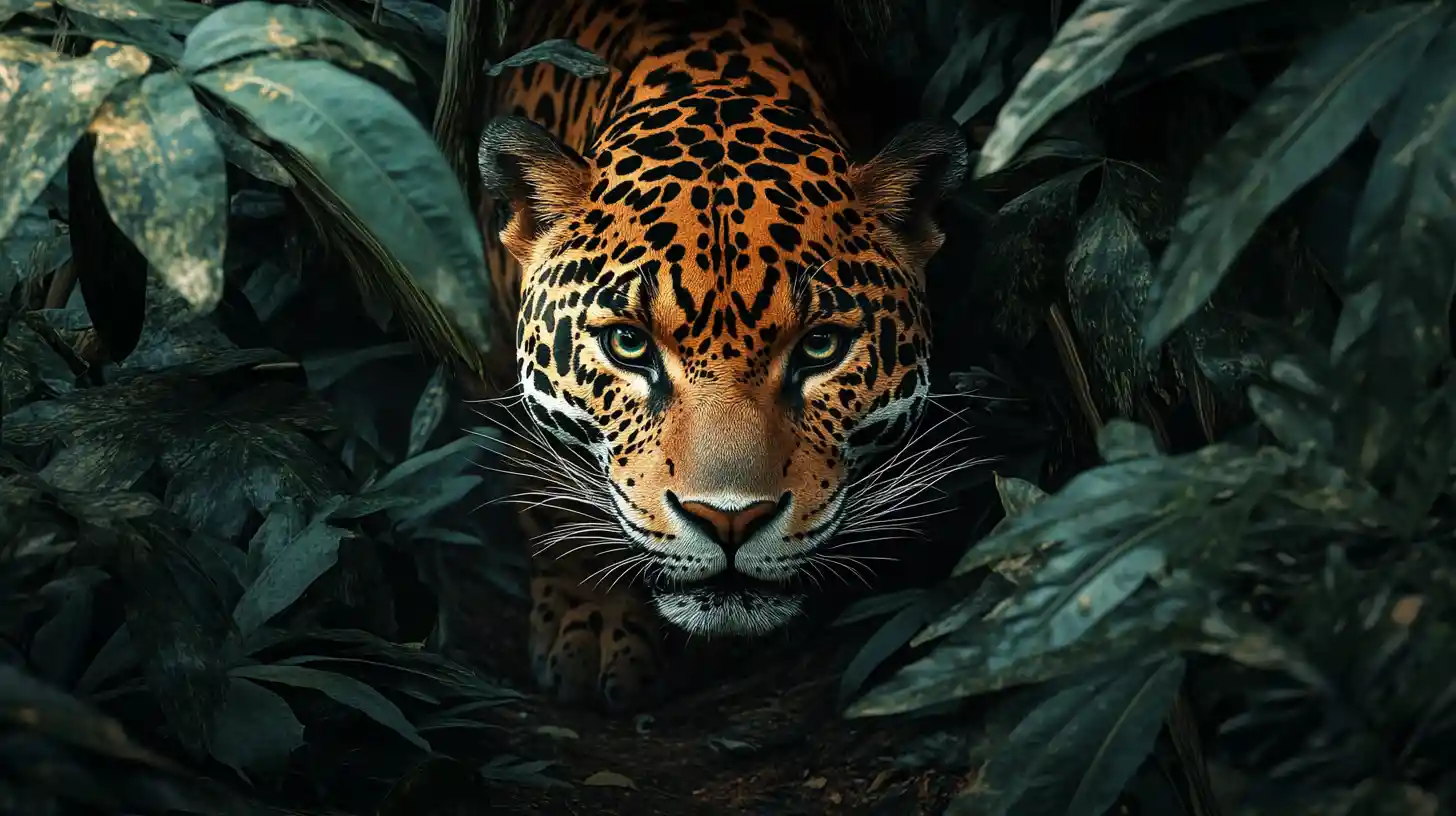 Jaguar hiding beside a narrow trail in dense jungle