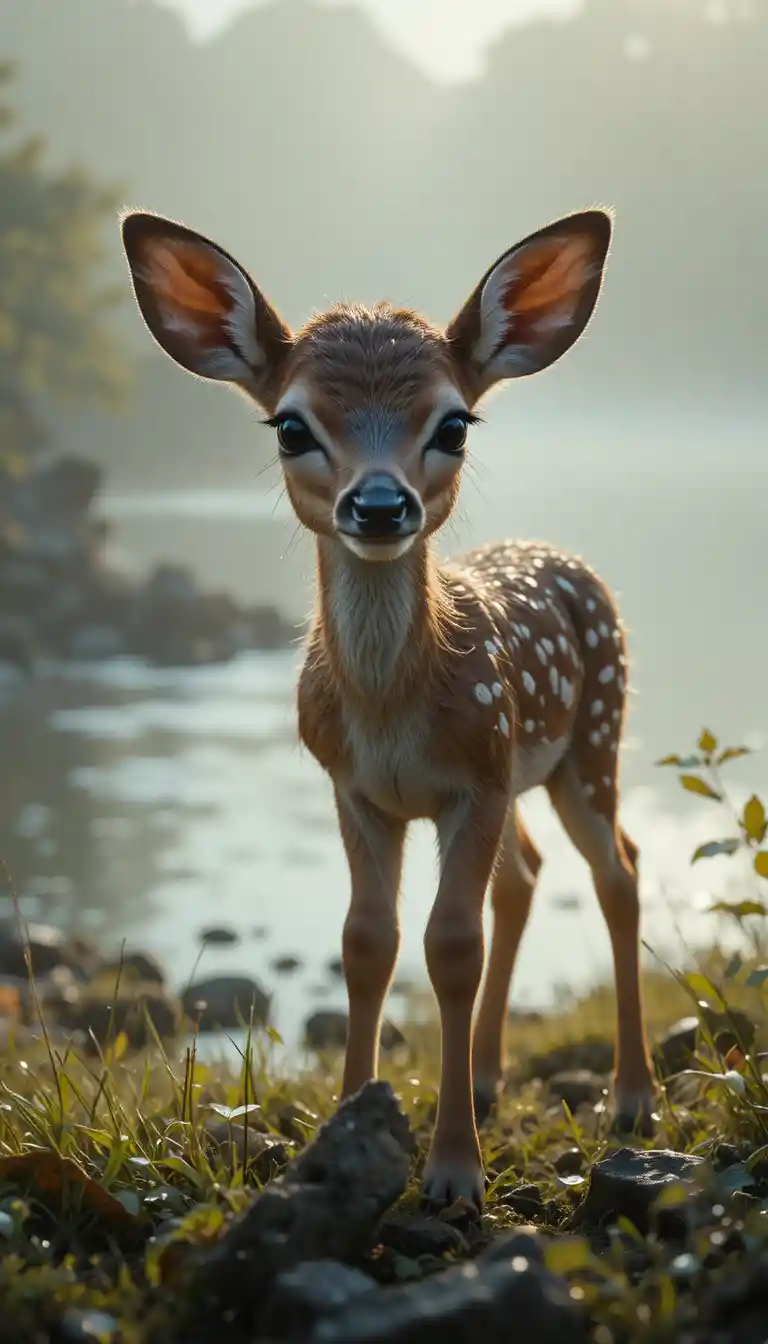 Young deer standing alone by a quiet riverbank