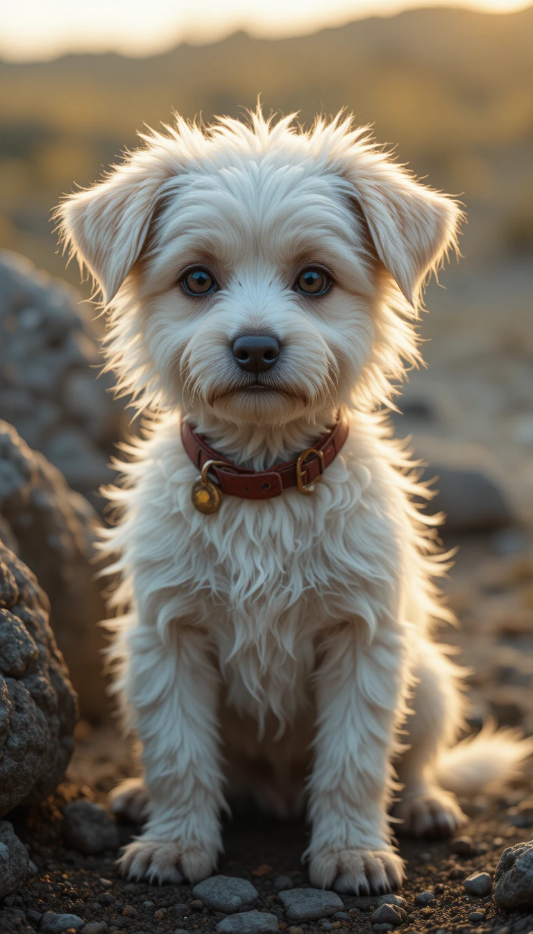 Pequeño perro blanco callejero sentado solo en la luz cálida