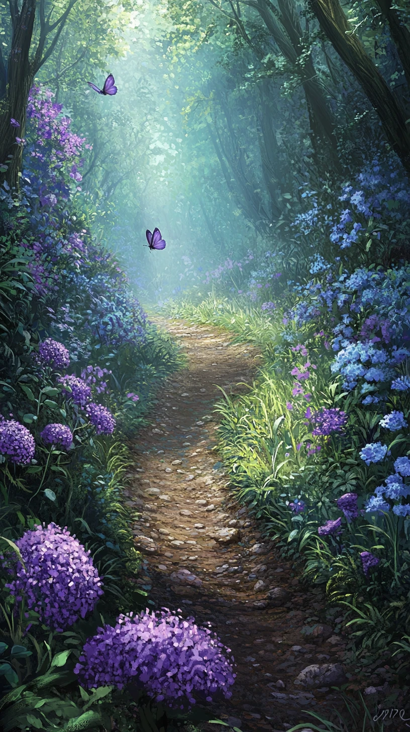 Fairy tale forest path with purple flowers and butterflies