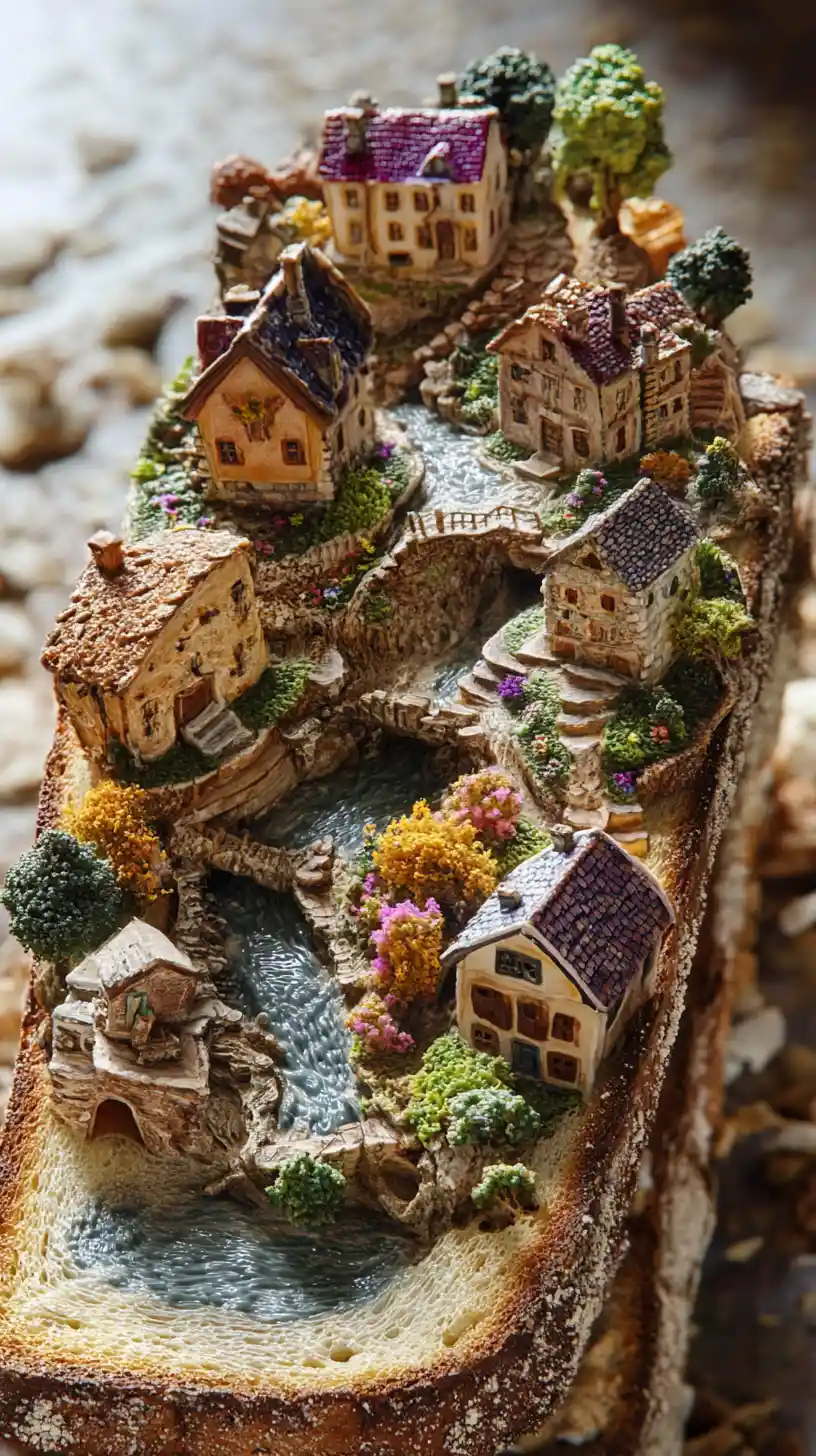 Miniature Toast City With Rivers And Tiny Houses