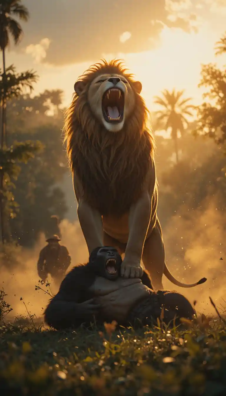 León majestuoso rugiendo sobre un gorila caído al atardecer
