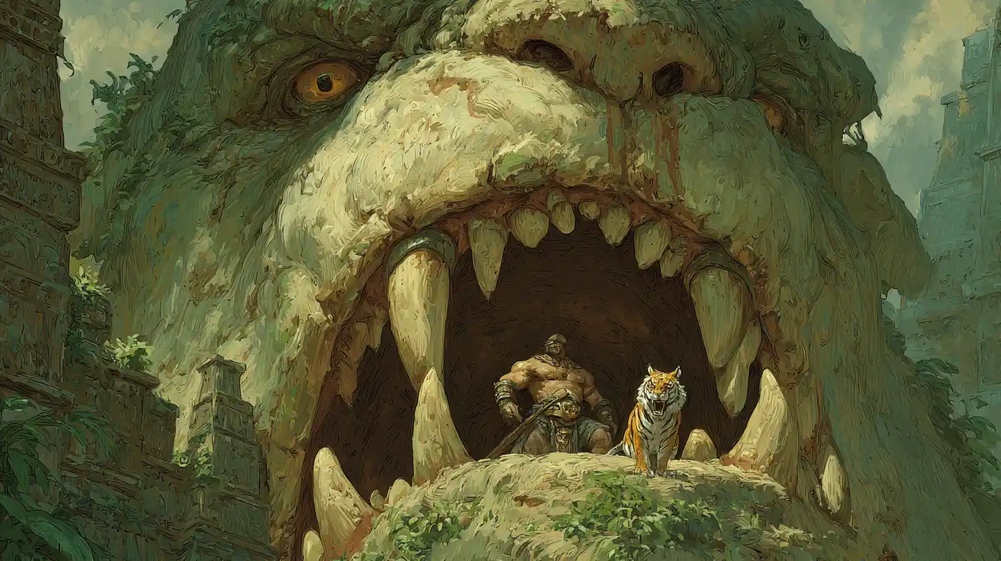 Géante bouche de monstre encadrant une scène baroque de guerrier dans la jungle