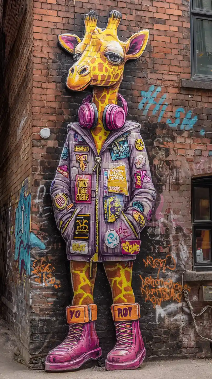 Graffiti Giraffe In Colorful Streetwear In Urban Alley
