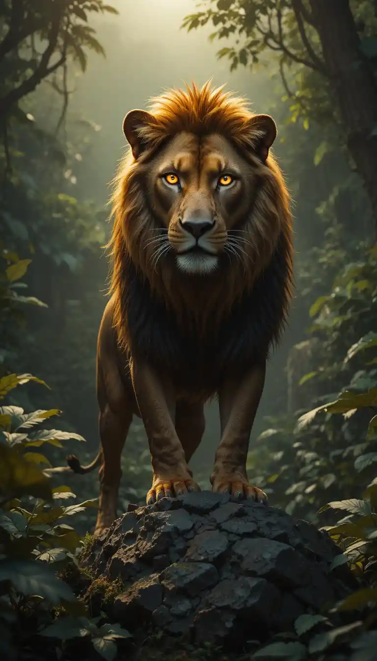 León majestuoso con ojos brillantes sobre una roca en la jungla