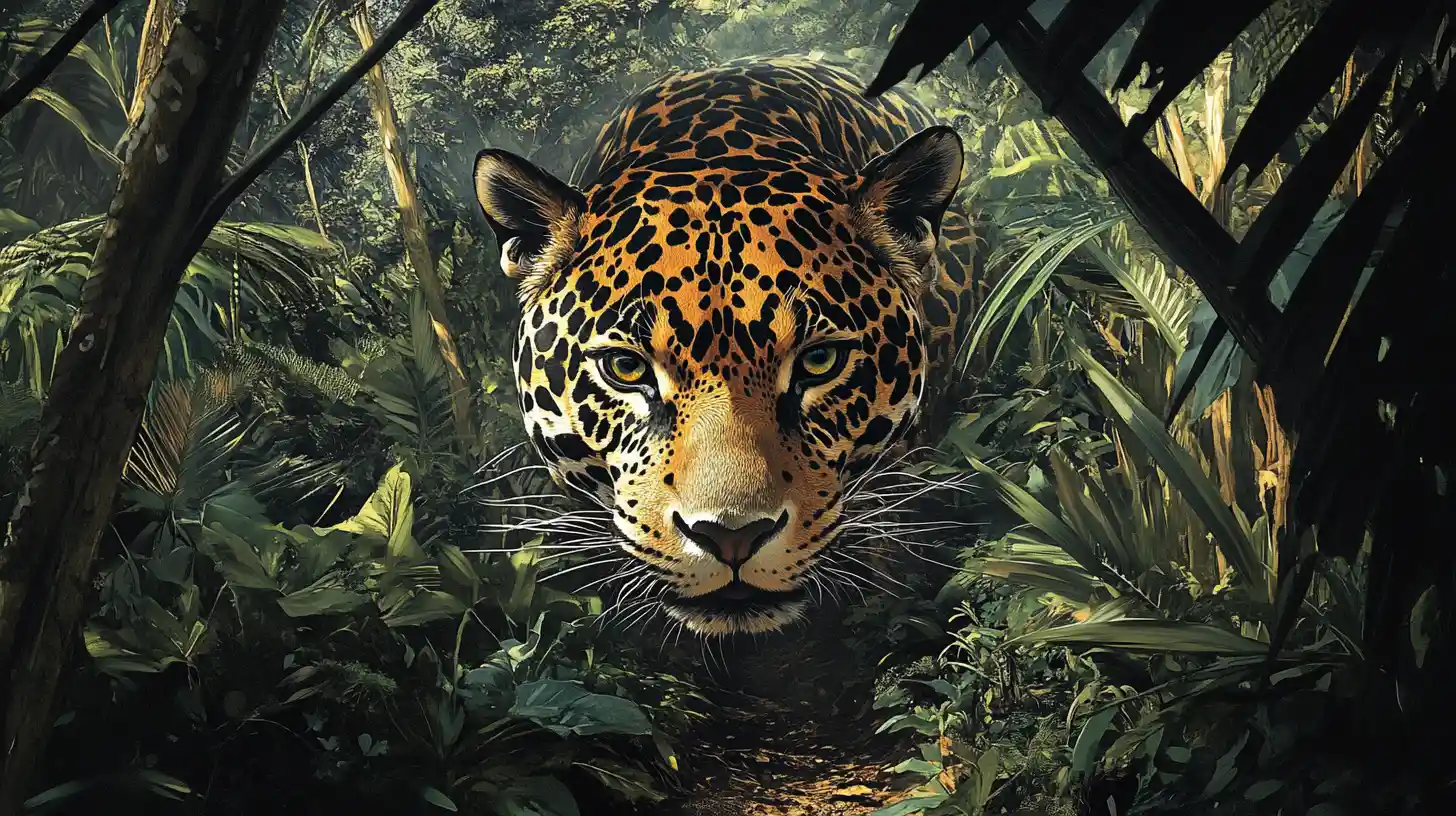 Jaguar lurking beside a narrow trail in dense jungle