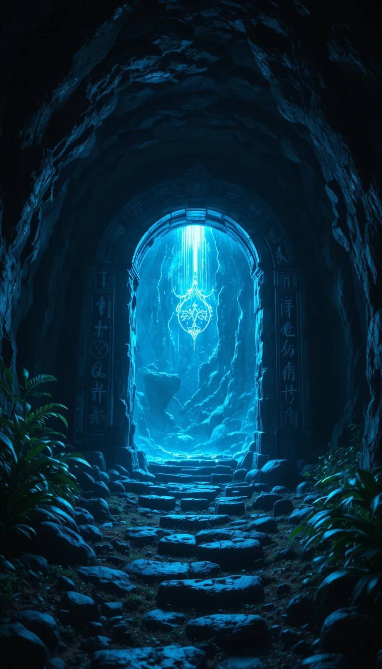 Mystical blue cave entrance glowing in a jungle night