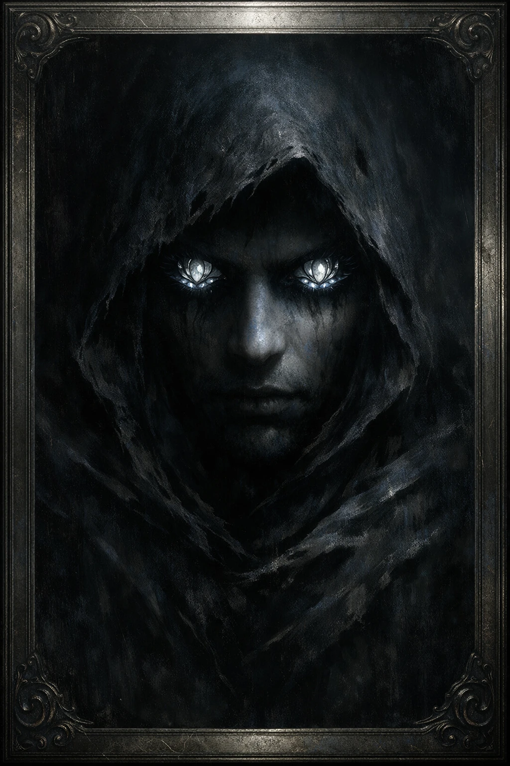 Ritratto dark fantasy di una donna che emerge dall’ombra