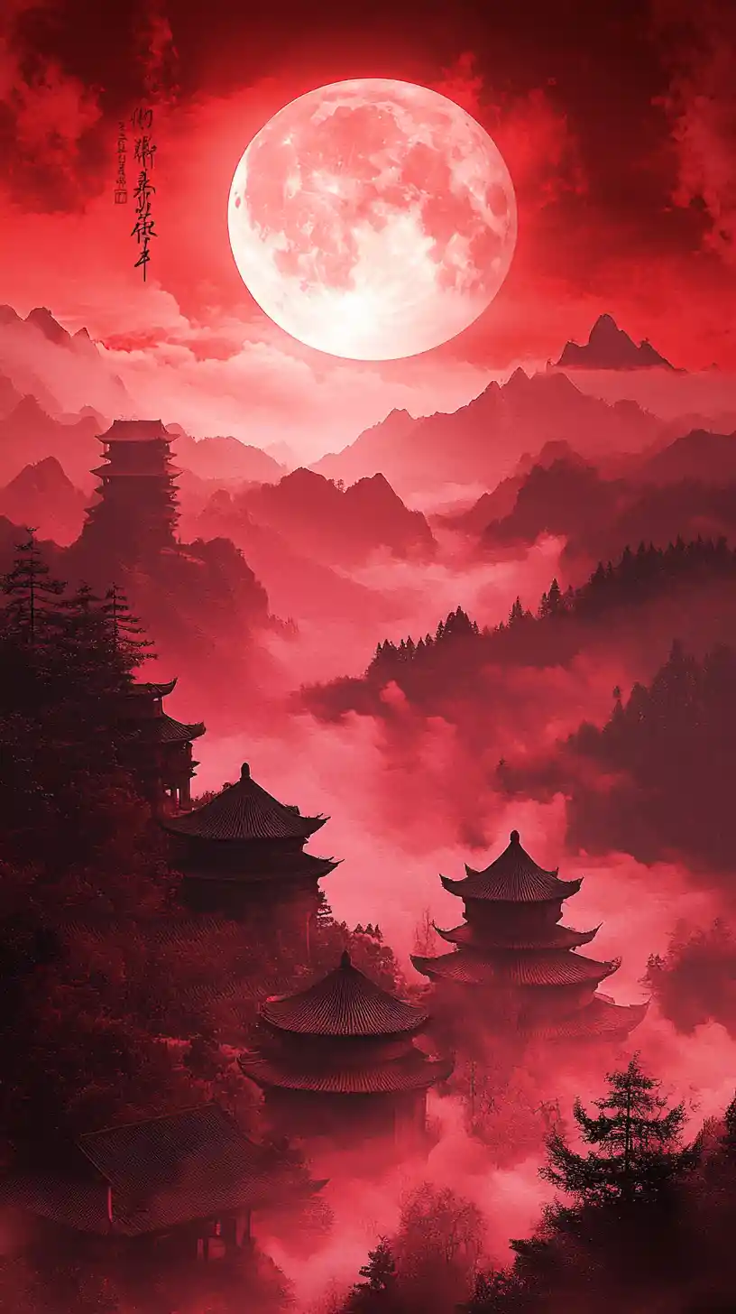 붉은 달 아래의 진홍색 무협 산맥과 탑