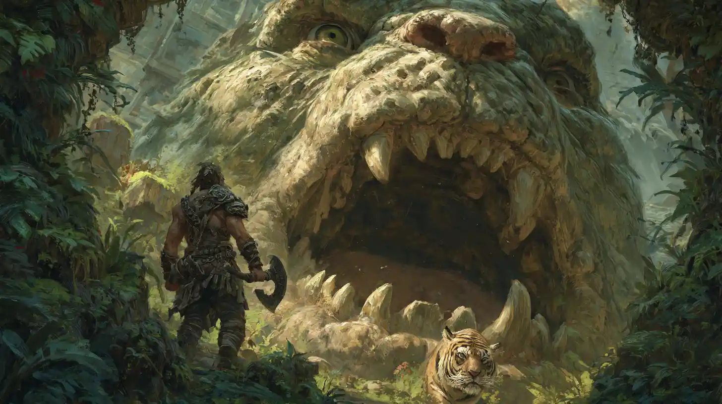 Colossal monster mouth framing a barbarian jungle vision