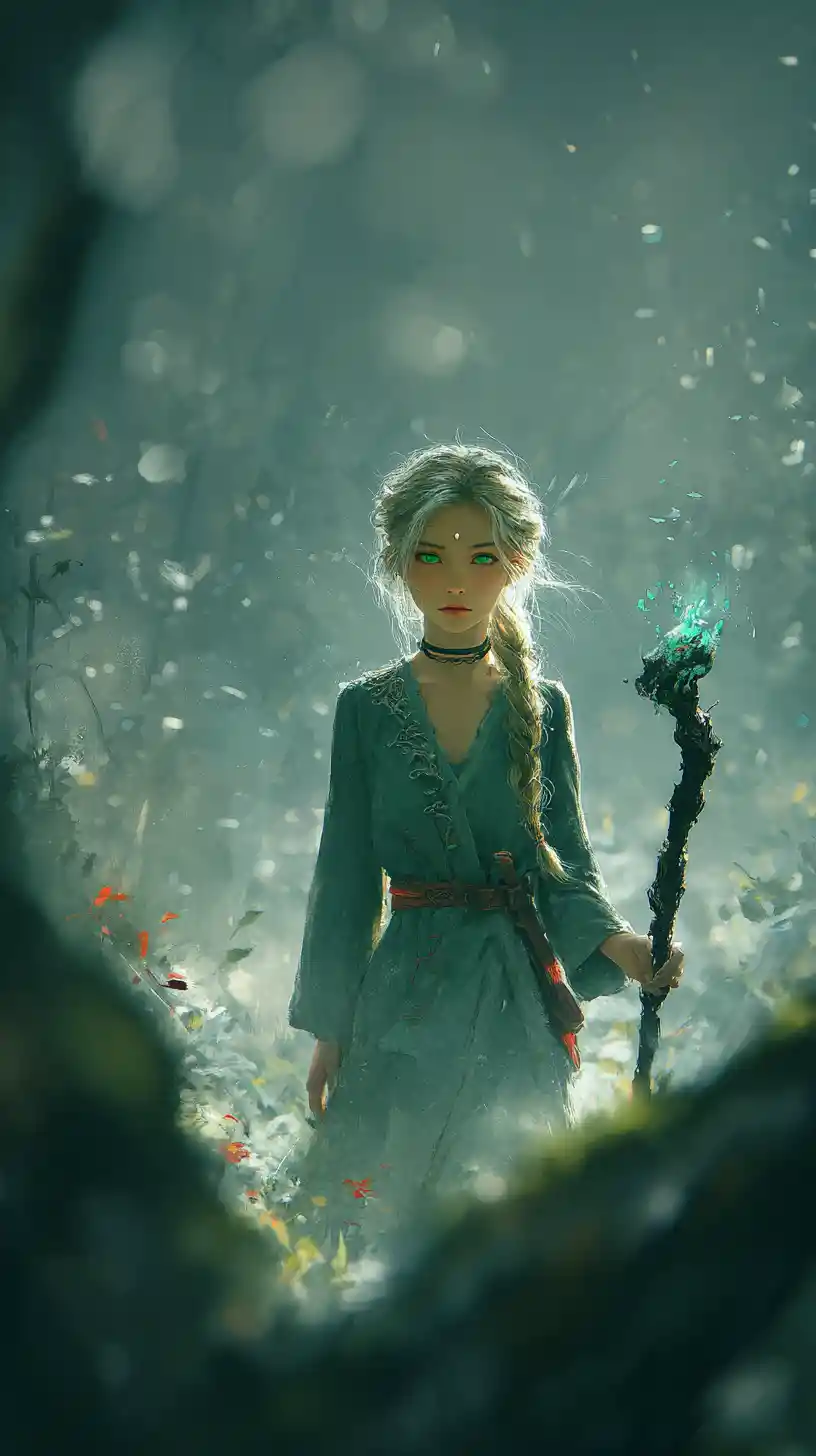 Elf girl with glowing staff in enchanted forest glade