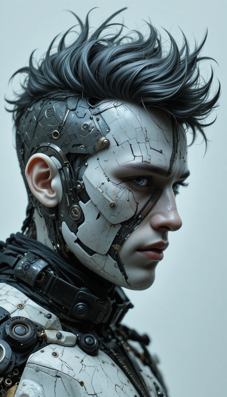 Ritratto di uomo cyborg cyberpunk steampunk con capelli spettinati